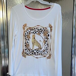 Chico's White Top with Gold and Black Leopard Design